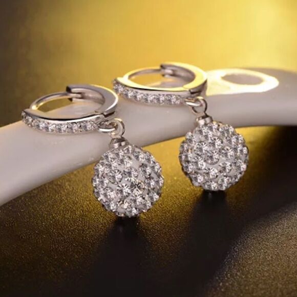 NEW 925 Sterling Silver Crystal Ball Hoop Earrings - Picture 10 of 10